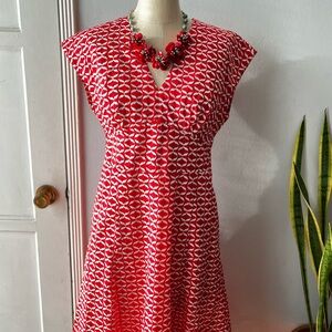 Boden• Natasha• Red & White 100% Cotton Retro Geometric Midi• Fit & Flare•Sz 8P